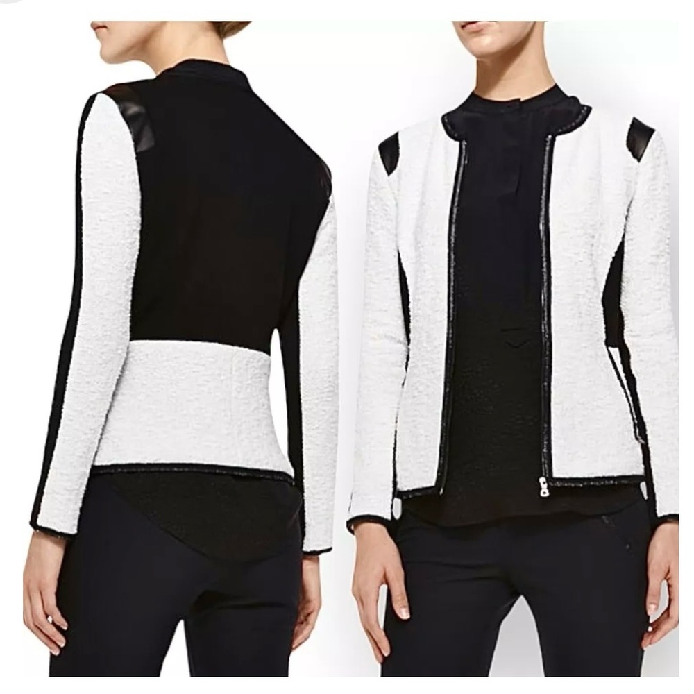 REBECCA TAYLOR Textured Knit Jacket Sz 6 Colorblock Zipper Front Black Off-White